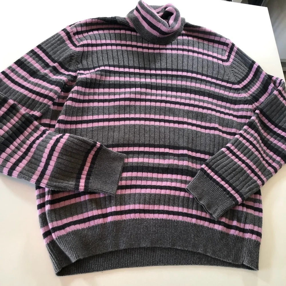 Vintage Jeanne Pierre 100% Cotton Ribbed Turtleneck Sweater L Lavender Stripe